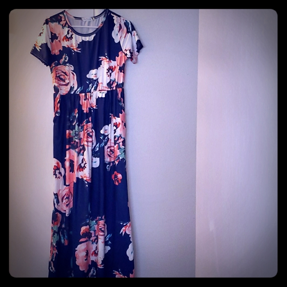 Beautiful Navy Blue Floral FeiTong Dress #5